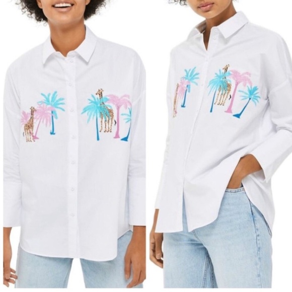 Topshop Tops - Topshop Giraffe Palm Tree White Button Down Shirt 8 Cotton Top Shop Zoo Animal M